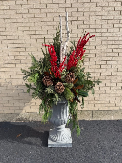 Decorative Winter Urn- Large Birch Logs w/ Gold Branches
