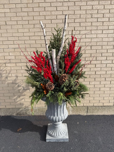 Decorative Winter Urn- Large Birch Logs w/ Red Branches