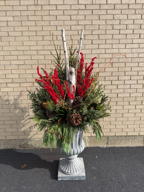 Decorative Winter Urn- Large Birch Logs w/ Curly Willow
