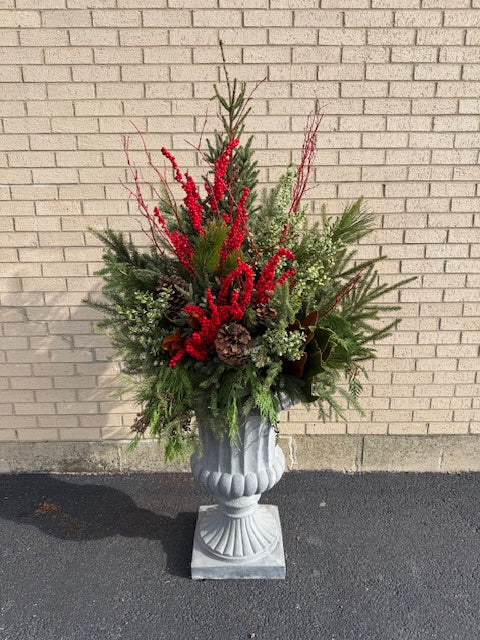 Decorative Winter Urn-Large 3 Sided w/Red Branches