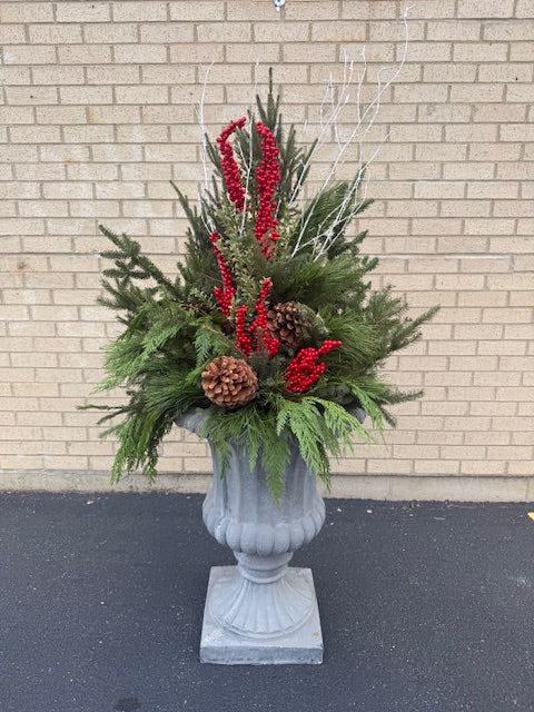 Decorative Winter Urn-Medium 3 Sided w/White Branches