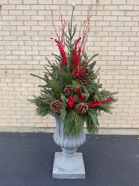 Decorative Winter Urn-Medium 3 Sided w/Red Branches