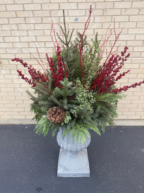 Decorative Winter Urn-All Around w/Red Branches