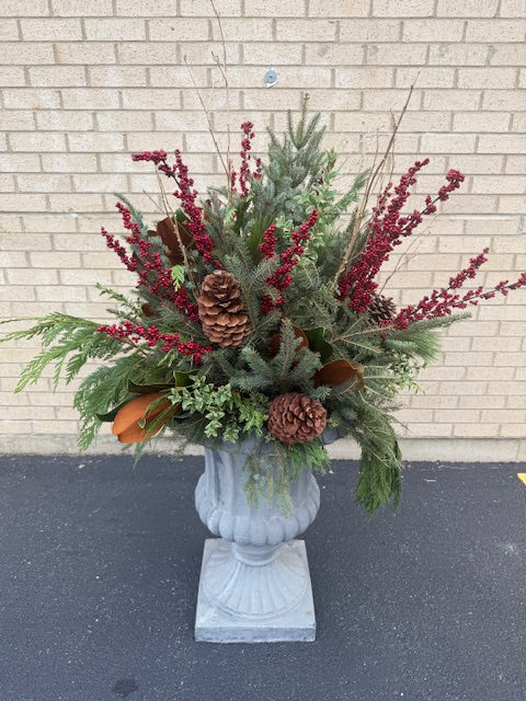 Decorative Winter Urn-All Round w/Red Branches