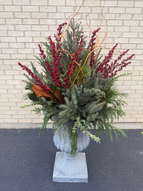 Decorative Winter Urn- Rounded w/Curly Willow