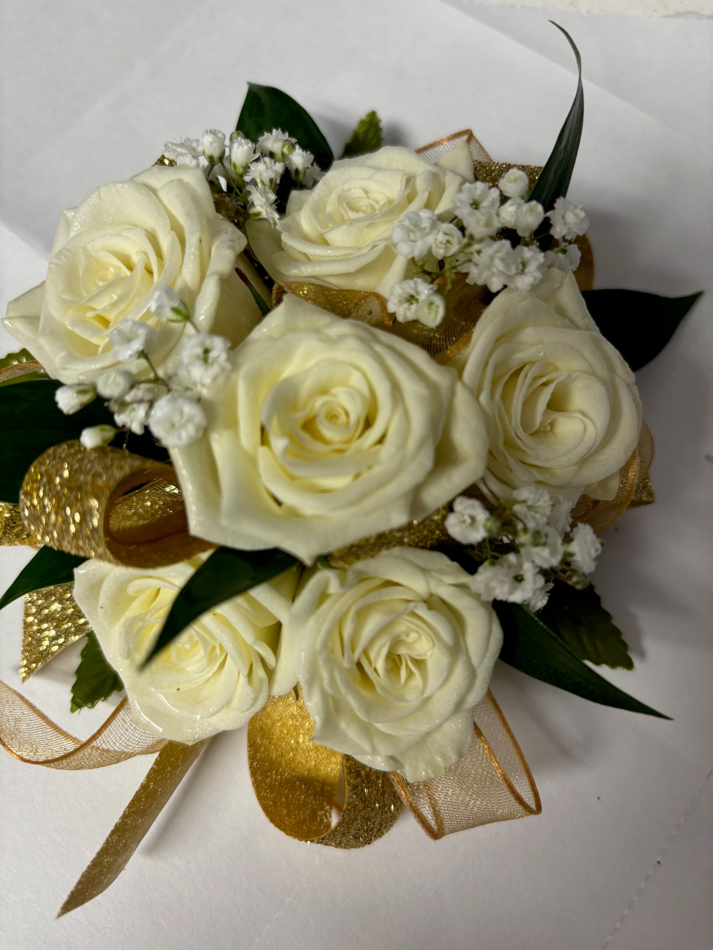 Wrist Corsage w/ White Sparkle & White Solid Ribbon