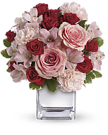 Pinks with Red Sweetheart Roses Centerpiece
