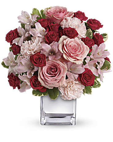 Pinks with Red Sweetheart Roses Centerpiece