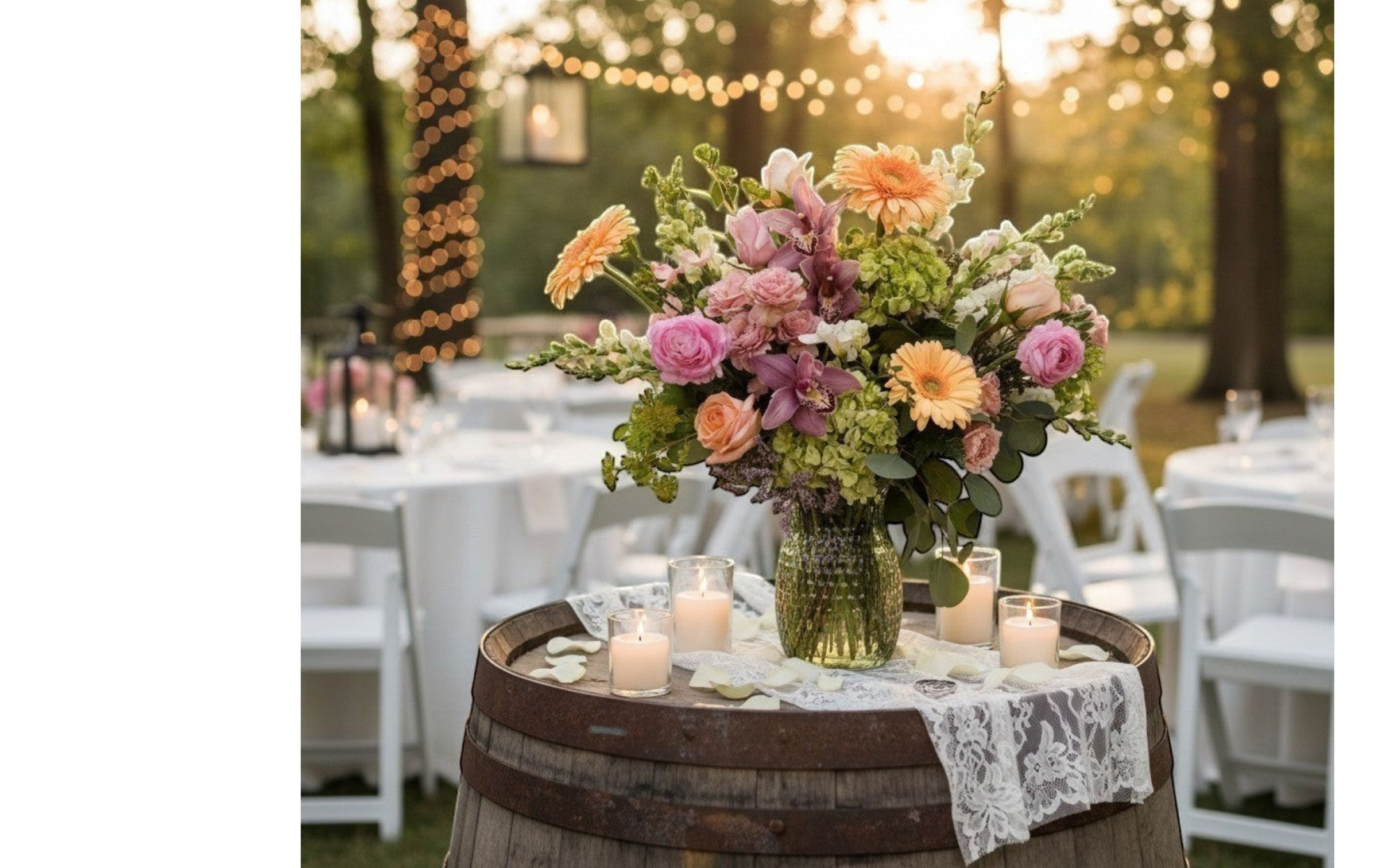 Decorative floral arrangement on a barrel with candles at an outdoor event.