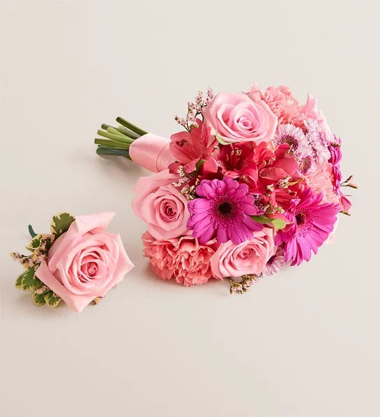 Handtied Bouquet & Boutonniere- Tones of Pink Assorted Flowers