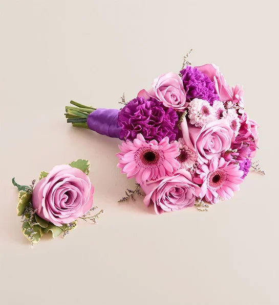 Handtied Bouquet & Boutonniere- Tones of Purple & Lavender Assorted Flowers
