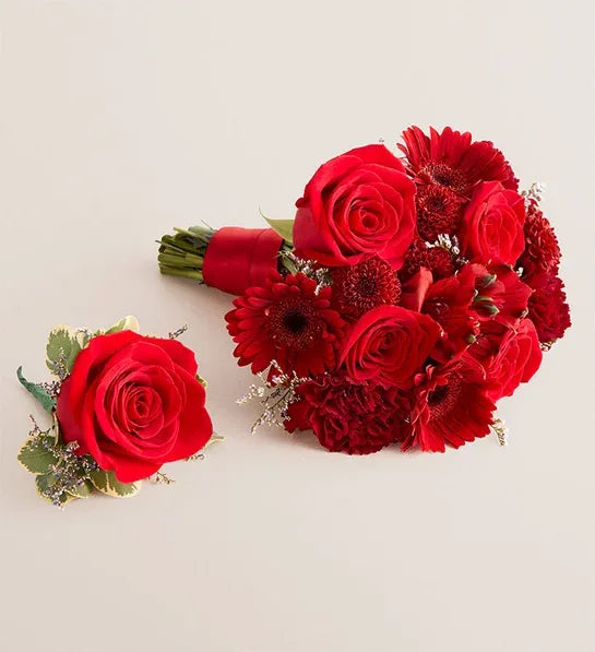Handtied Bouquet & Boutonniere - All Red Assorted Flowers