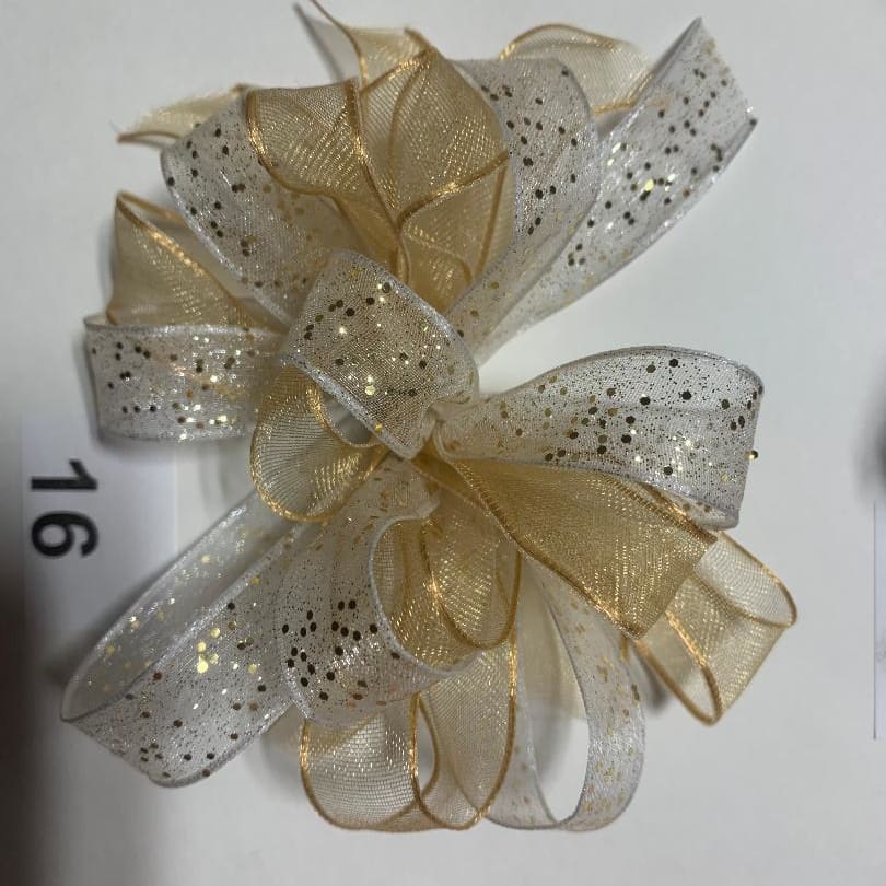 Wrist Corsage w/ White with Gold Sparkle and Sheer Gold Ribbon