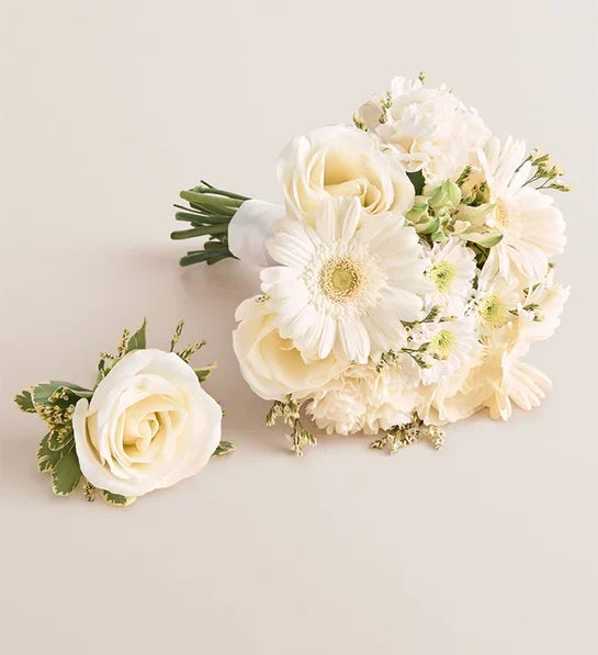 Handtied Bouquet & Boutonniere - All White Assorted Flowers